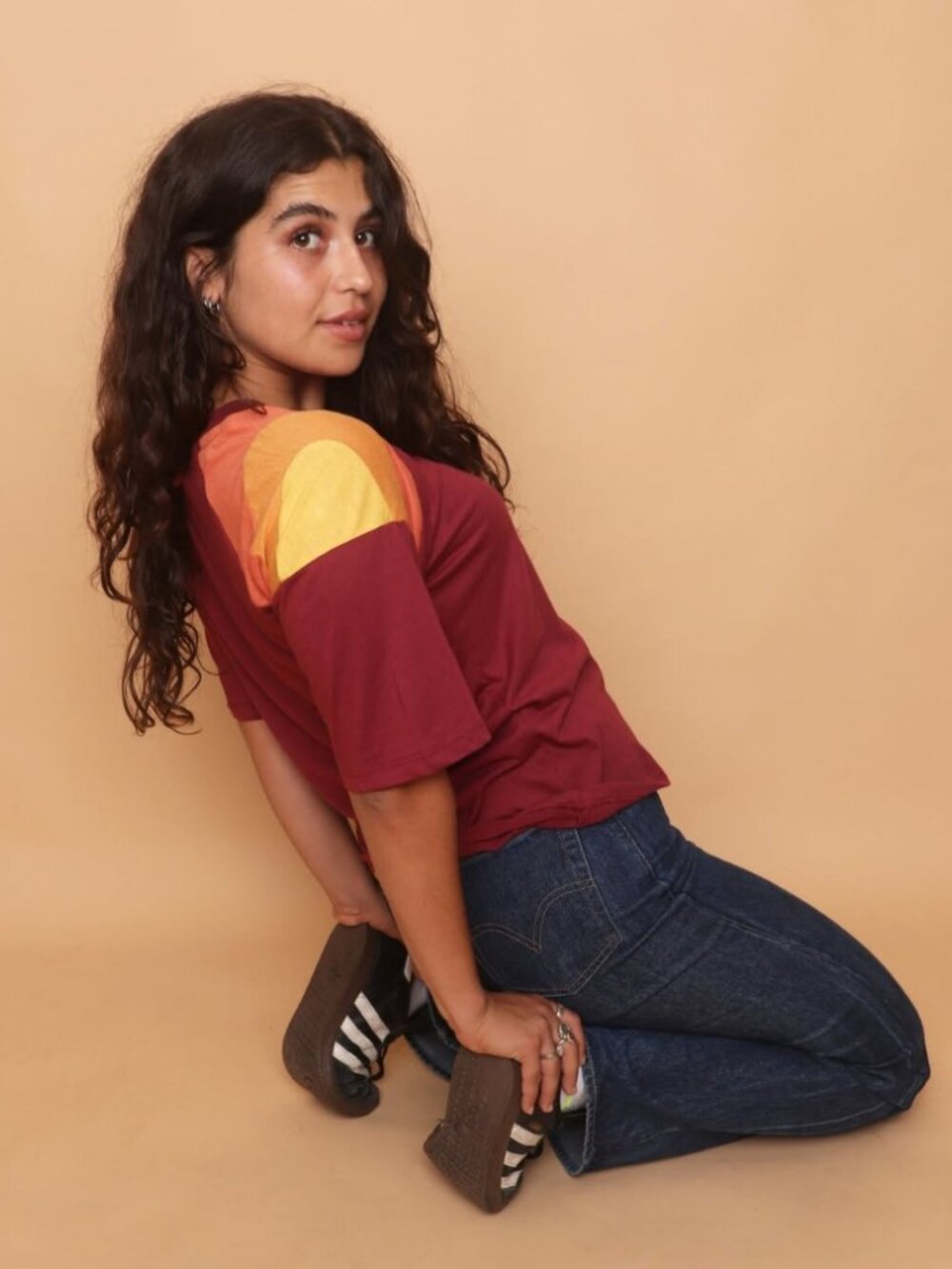 Camp Collection Burgundy Rainbow Shoulder Retro Tee S